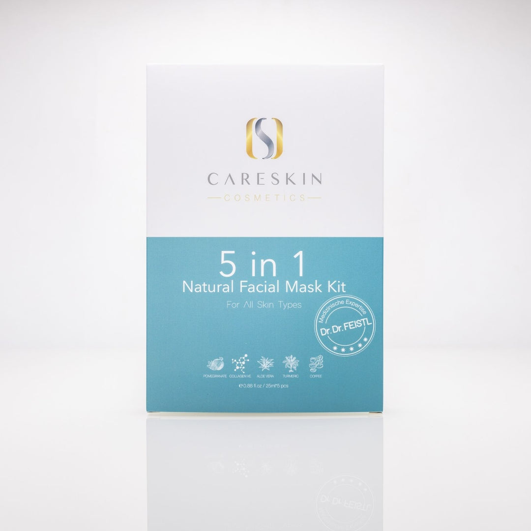 Careskin 5 in 1 Natural Facial Mask Kit Verpackung Frontansicht – natürliche Tuchmasken Set mit Granatapfel, Collagen, Aloe Vera, Kurkuma und Kaffee