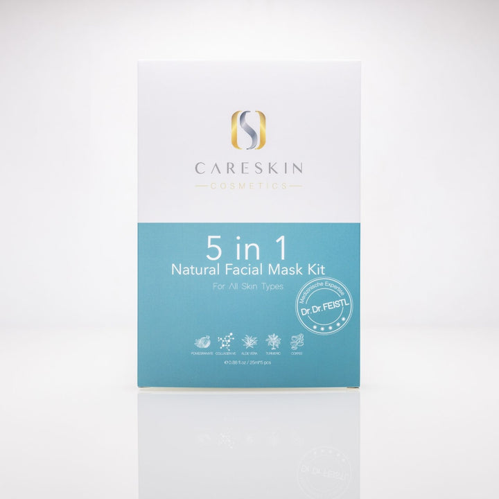 Careskin 5 in 1 Natural Facial Mask Kit Verpackung Frontansicht – natürliche Tuchmasken Set mit Granatapfel, Collagen, Aloe Vera, Kurkuma und Kaffee