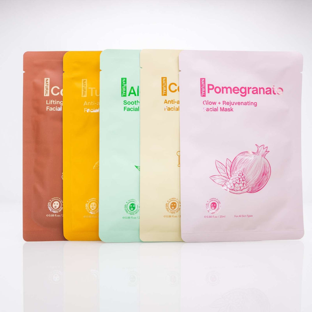 Careskin 5 in 1 Natural Facial Mask Kit alle fünf Tuchmasken – Coffee, Turmeric, Aloe Vera, Collagen und Pomegranate Gesichtsmasken Set