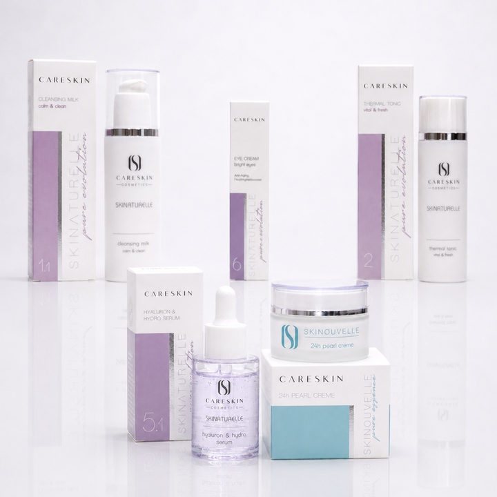 CARESKIN Hautpflegeset auf weißem Hintergrund mit Cleansing Milk, Thermal Tonic, Hyaluron & Hydro Serum, Eye Cream und 24h Pearl Creme. Die Produkte sind in einer eleganten Studioaufnahme mit ihren Verpackungen arrangiert und spiegeln sich leicht auf der glänzenden Oberfläche. Das Design kombiniert weiße Verpackungen mit dezenten Flieder- und Türkisakzenten.
