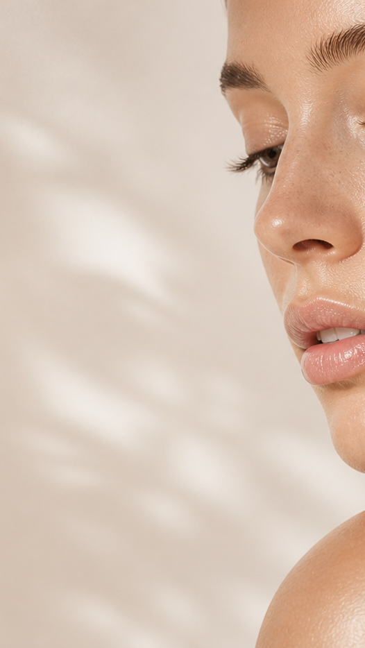 Porträt einer Frau mit strahlender, gepflegter Haut und dezentem Make-up, aufgenommen in natürlichem Licht mit Pflanzenschatten für reine Gesichtspflege.