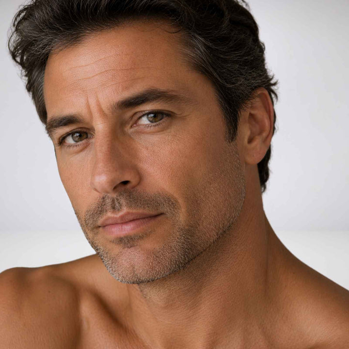 Mann mit natürlicher Haut und Bartschatten ohne Make-up – Portrait für Careskin Männerpflege 24h Men Fluid