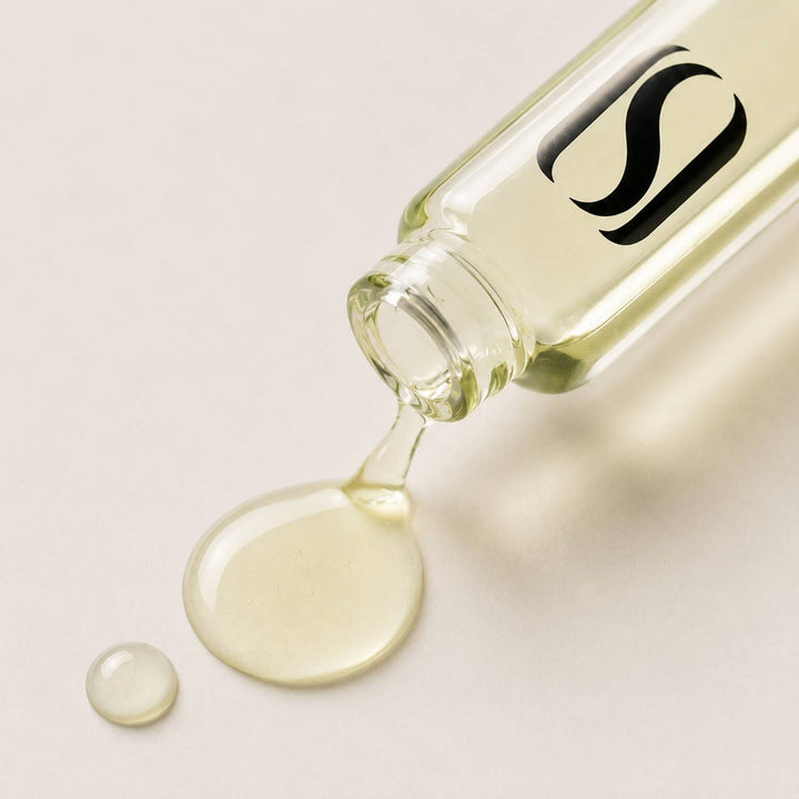 Careskin Skinouvelle Ampulle geöffnet mit auslaufendem Konzentrat Nahaufnahme – klares Ampullen-Konzentrat auf beigem Hintergrund