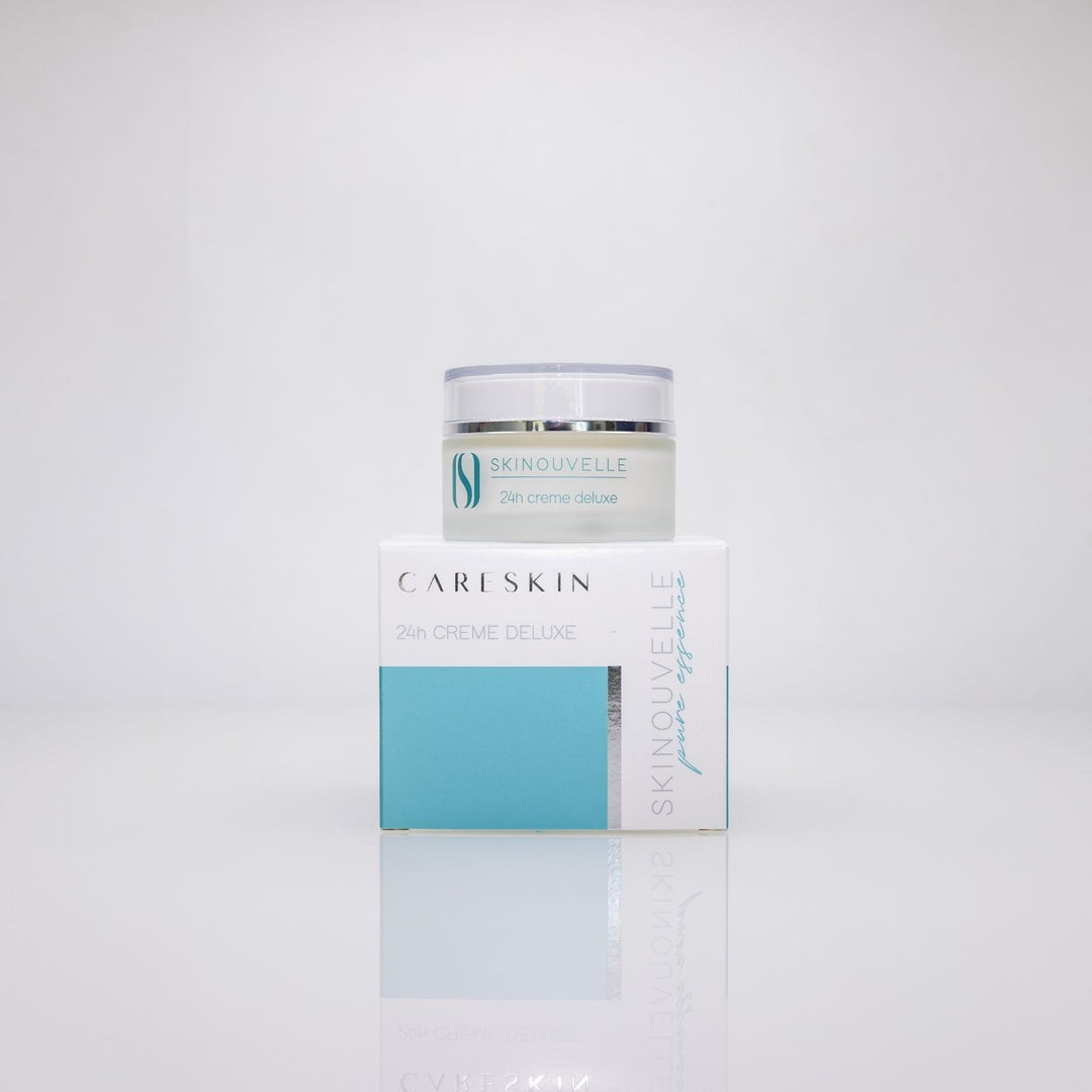 Careskin Skinouvelle 24h Creme Deluxe Tiegel auf Verpackung – 24-Stunden-Gesichtscreme Nahaufnahme Skinouvelle pure essence