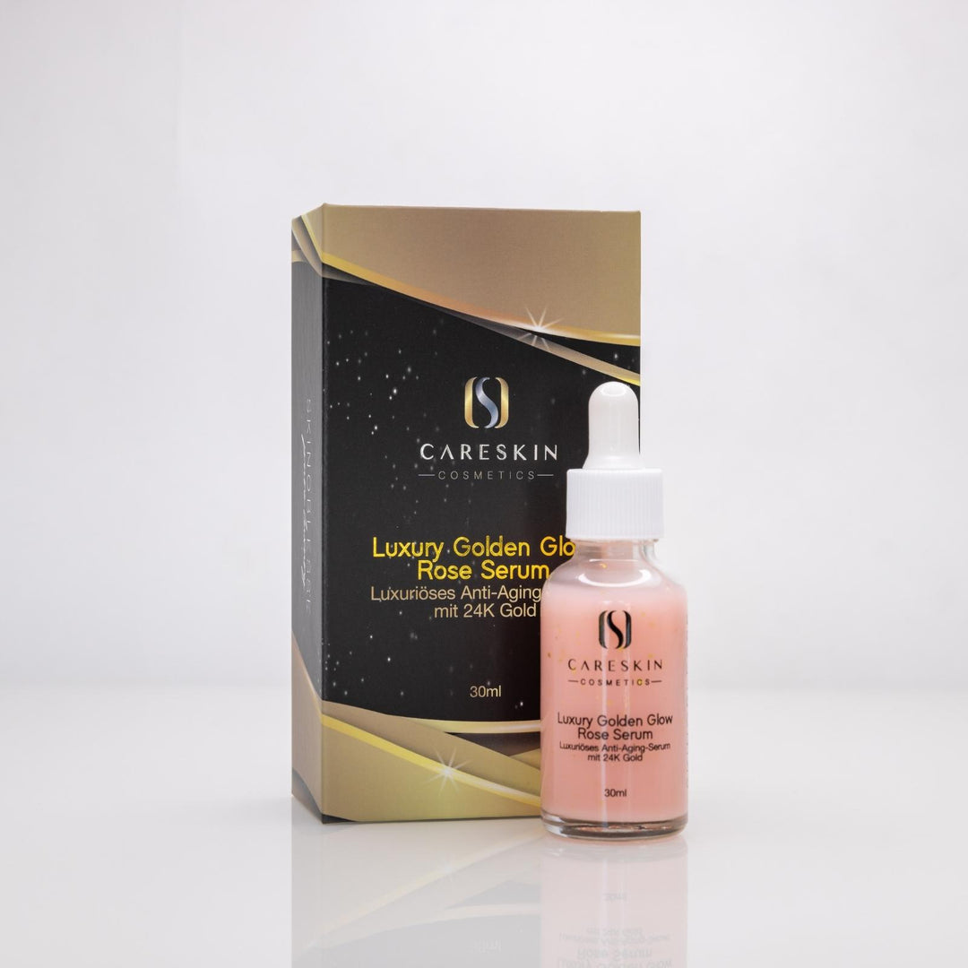 Careskin Luxury Golden Glow Rose Serum Flasche mit Verpackung Frontansicht – Anti-Aging-Serum mit 24K Gold 30ml