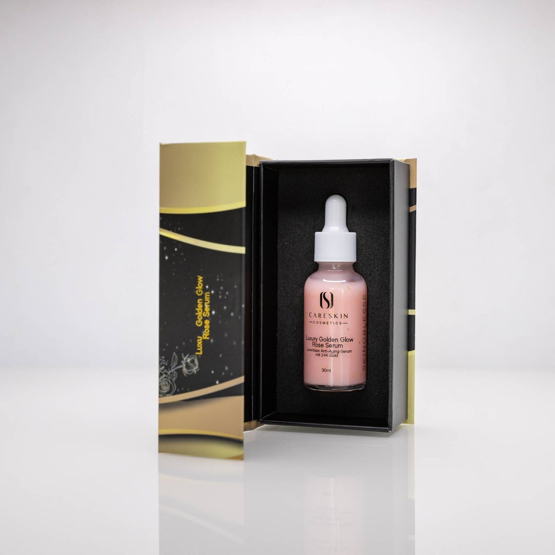Careskin Luxury Golden Glow Rose Serum in geöffneter Premium-Geschenkbox – luxuriöses Anti-Aging-Serum mit 24K Gold