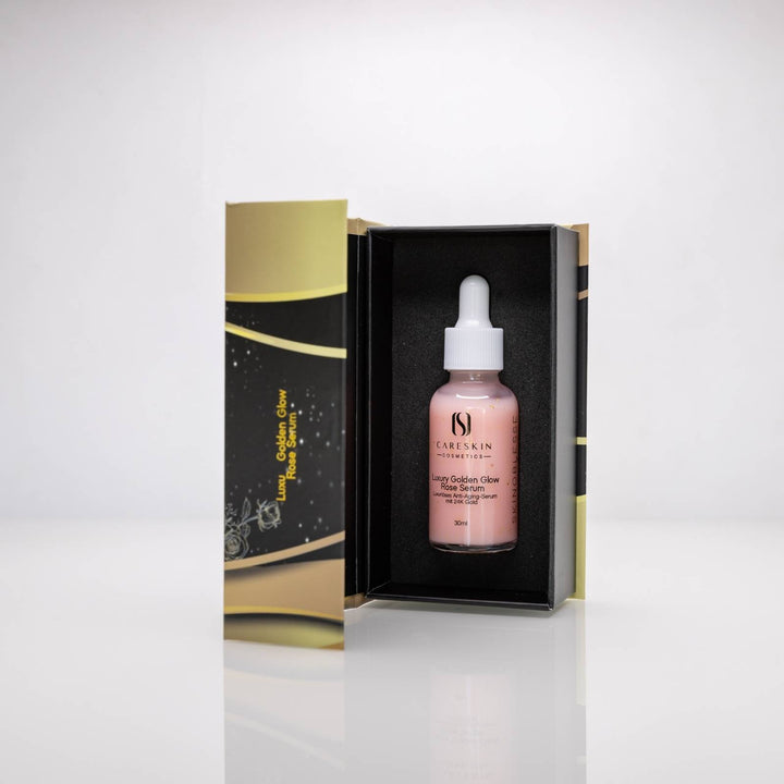 Careskin Luxury Golden Glow Rose Serum in geöffneter Premium-Geschenkbox – luxuriöses Anti-Aging-Serum mit 24K Gold