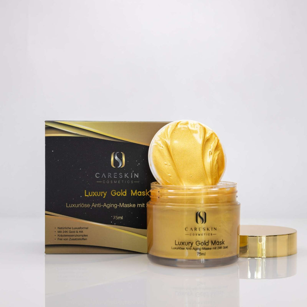 Careskin Luxury Gold Mask geöffneter Tiegel mit goldener Textur und Verpackung – Anti-Aging-Maske mit 24K Gold und Hyaluronsäure