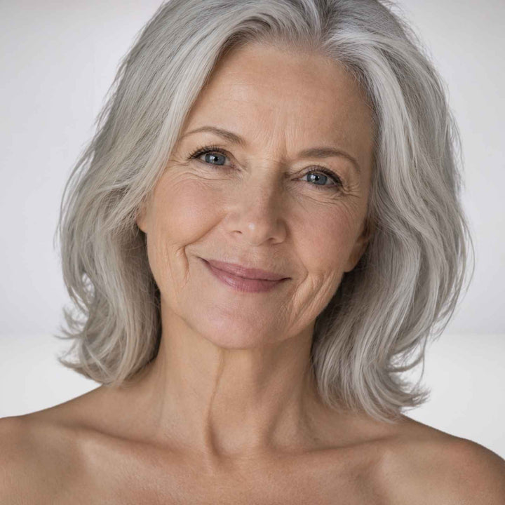Ältere Frau mit reifer Haut und natürlichen Falten ohne Make-up – Portrait für Careskin Anti-Aging Hautpflege