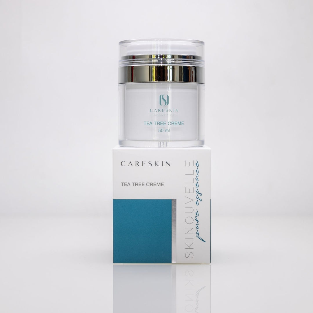Careskin Skinouvelle Tea Tree Creme Tiegel auf Verpackung – Gesichtscreme mit Teebaumöl für unreine Haut 50ml