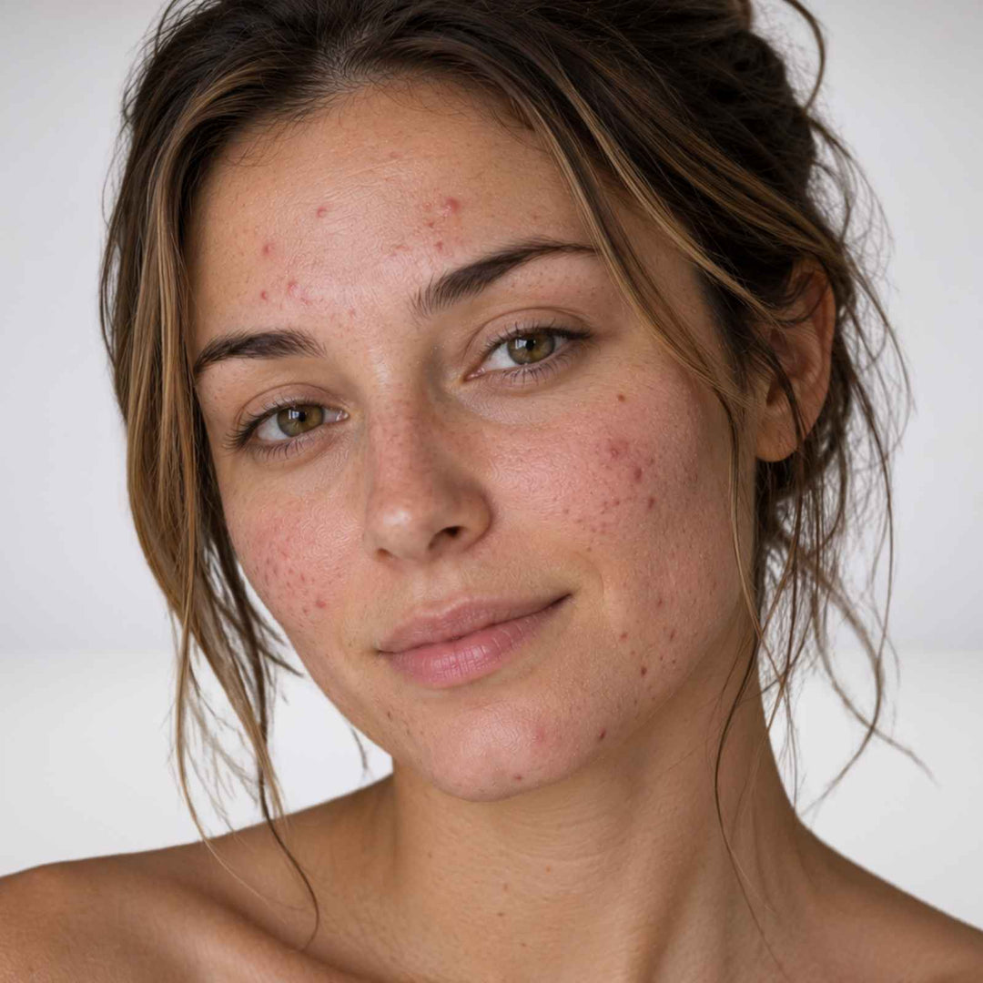 Frau mit unreiner Haut und Pickeln ohne Make-up – natürliches Portrait für Careskin Hautpflege bei Akne und Unreinheiten